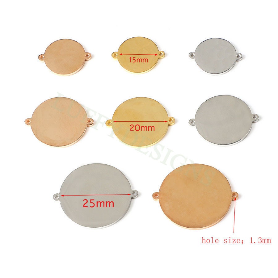 10pc Round Disc Tags with 2 Loops, 15-25mm Round Pendant, Metal Stamping Blanks Charm, Engravable Round Blank, Gold Plated Stainless Steel