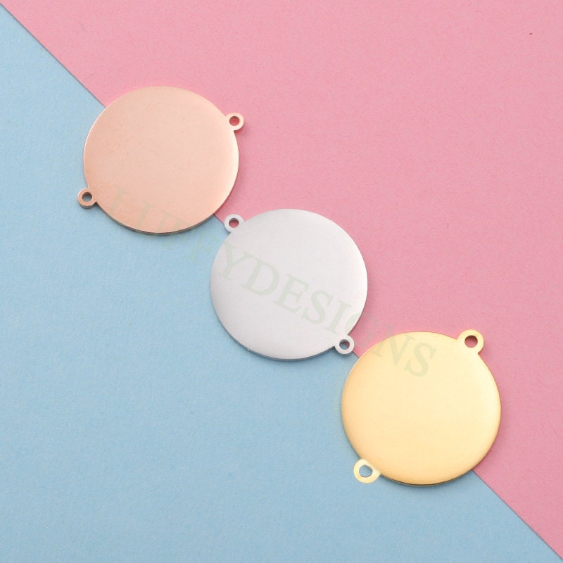 10pc Round Disc Tags with 2 Loops, 15-25mm Round Pendant, Metal Stamping Blanks Charm, Engravable Round Blank, Gold Plated Stainless Steel