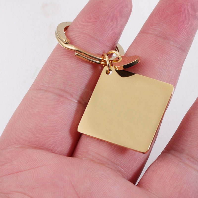 5pcs Blank Square keychain 25mm, keyring supplies, Gold stainless steel blanks, Ready Stamping keychain, Engraving Keychain witj Heart tags