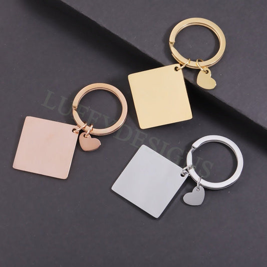 5pcs Blank Square keychain 25mm, keyring supplies, Gold stainless steel blanks, Ready Stamping keychain, Engraving Keychain witj Heart tags