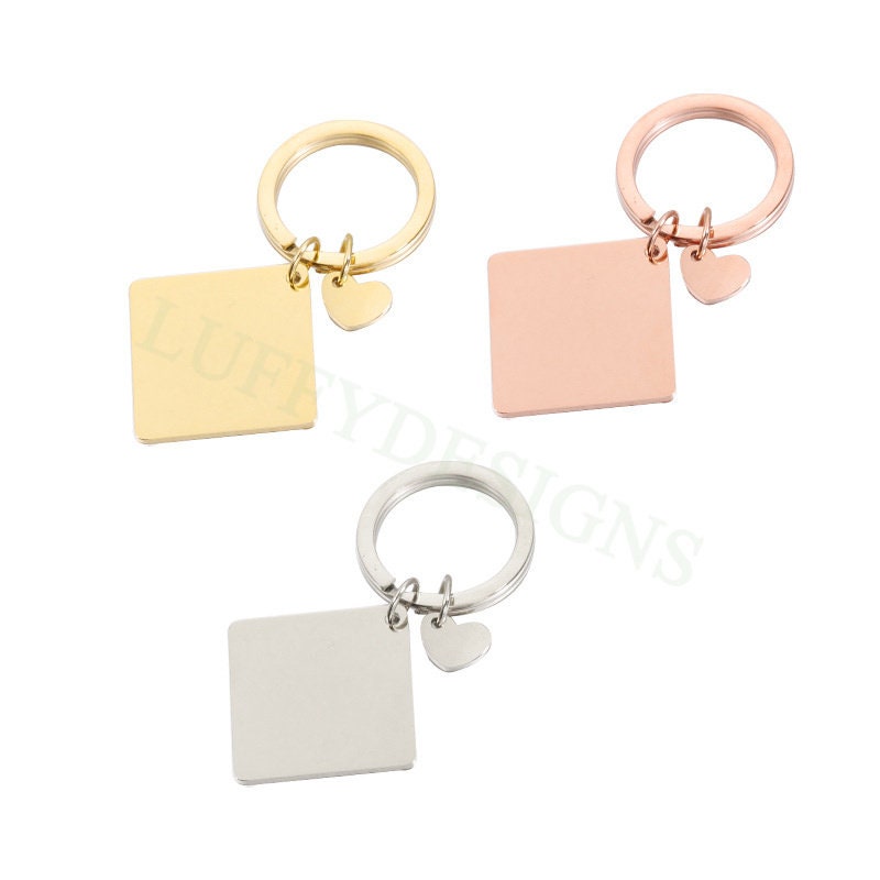 5pcs Blank Square keychain 25mm, keyring supplies, Gold stainless steel blanks, Ready Stamping keychain, Engraving Keychain witj Heart tags