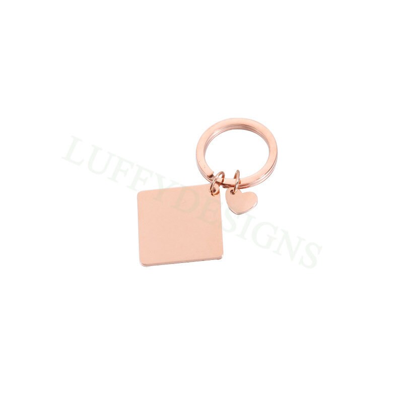 5pcs Blank Square keychain 25mm, keyring supplies, Gold stainless steel blanks, Ready Stamping keychain, Engraving Keychain witj Heart tags